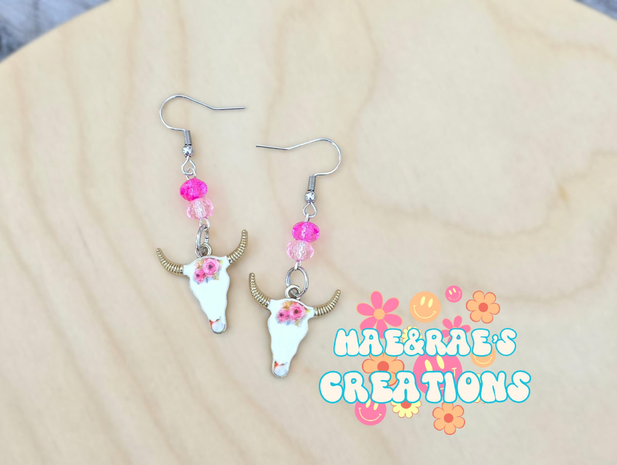 Floral Cow Head Enamel Earrings - 3 Styles
