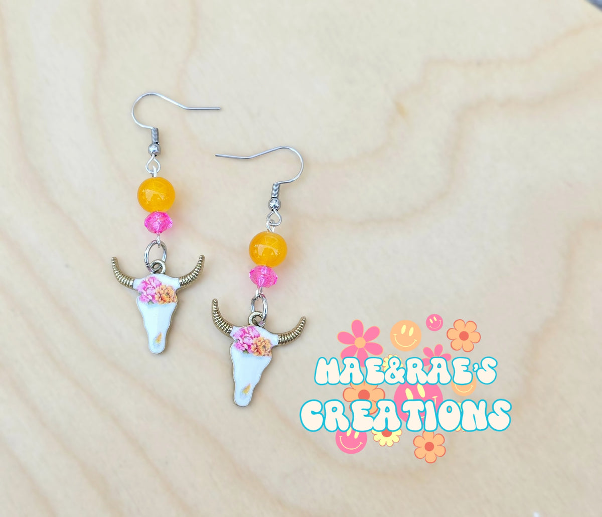 Floral Cow Head Enamel Earrings - 3 Styles